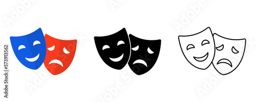 Theater masks icon set. Masquerade vector icons. Comic and tragic mask icons. Happy and unhappy traditional symbol of theater. Funny and sad theater masks. Vector Illustration