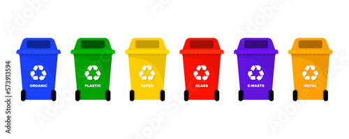 Trash containers with sorted trash for recycling. Sorting garbage by material and type in colored trash cans. Plastic pollution problem concept. Separation of waste on garbage cans for recycling