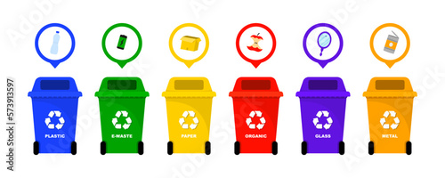 Trash containers with sorted trash for recycling. Sorting garbage by material and type in colored trash cans. Plastic pollution problem concept. Separation of waste on garbage cans for recycling