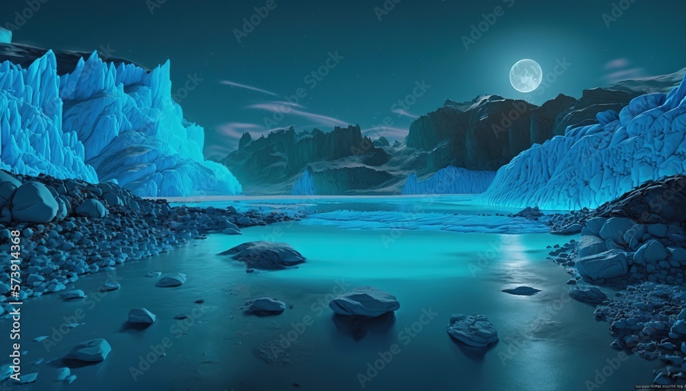 a painting of a river with icebergs and a full moon in the sky above it and a mountain range in the distance with rocks and a body of water in the foreground.  generative ai