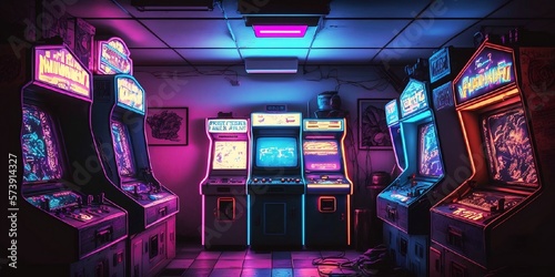 salle remplie de borne d'arcade, années 80 - 90 - illustration ia 