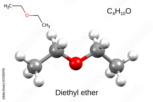 Chemical formula, skeletal formula and 3D ball-and-stick model of diethyl ether