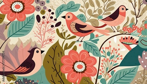  a bunch of birds that are on a flowery wallpaper pattern with leaves and flowers on a white background with a blue sky in the background. generative ai