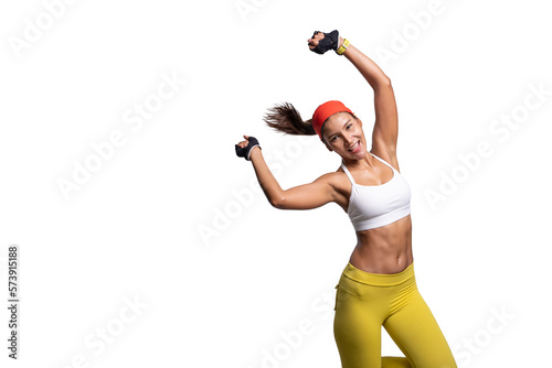 Shot of smiling young sporty Asian woman fitness model in white-top sportswear and red headband Dancing happy and cheerful. isolated on white background. Fitness and healthy lifestyle concept. photo