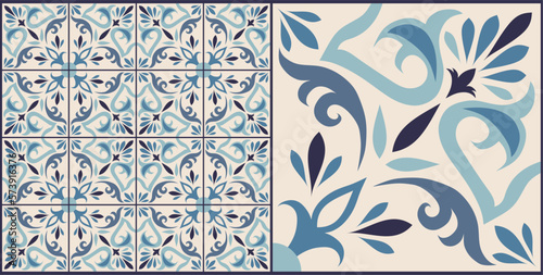 Seamless blue patchwork tile with Islam, Arabic, Indian, ottoman motifs. Majolica pottery tile. Portuguese and Spain decor. Ceramic tile in talavera style. Vector illustration.