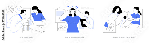 Walk-in clinic patients common complaints abstract concept vector illustrations.