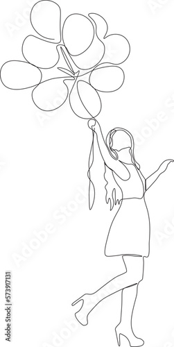 One continuous line drawing of  a girl with a balloons.