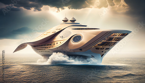  Advanced Luxury Yacht Model in the Air.  Magnificent Flying Yacht Prototype. Generative AI. © EwaStudio