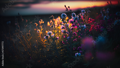 Sunset over the field of flowers  Generative AI