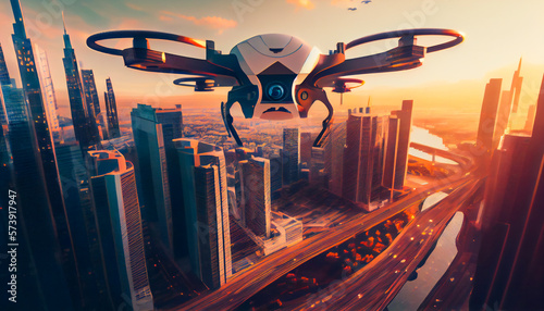A drone is flying over a modern city, with tall buildings, roads, and a bustling skyline in the background. Generative AI.
