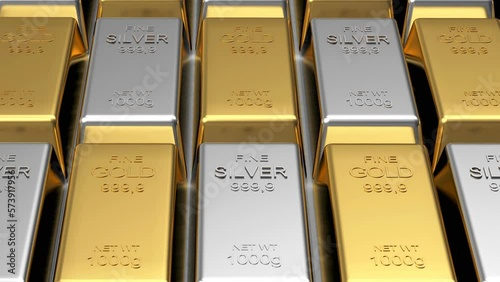 3D animation of rows of gold and silver bars in 4K. The concept of banking precious metals.