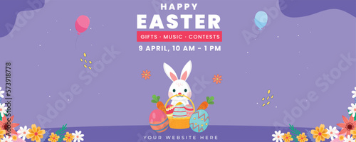 Happy Easter Sunday Horizontal banner Template Illustration with flowers and eggs.