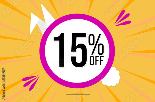 15 percent off. Orange banner with floating pink and white balloon for easter special offer and promotion.
