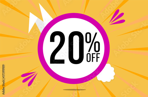 20 percent off. Orange banner with floating pink and white balloon for easter special offer and promotion.