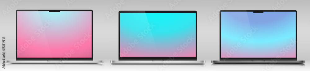 Mock-ups of laptops in a metal case. A set of realistic laptops with color screens on a gray gradient background. Vector illustration.