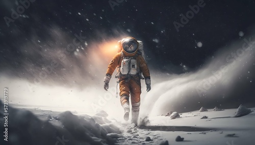astronauts dash through a blizzard with full astronaut suit. (Generative AI Technology)