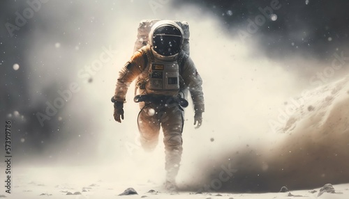 Fotografia astronauts dash through a blizzard with full astronaut suit