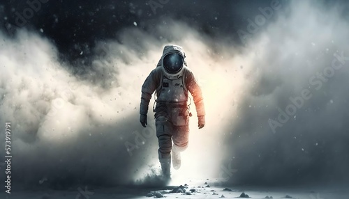 astronauts dash through a blizzard with full astronaut suit. (Generative AI Technology)