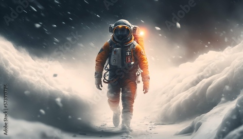 astronauts dash through a blizzard with full astronaut suit.  Generative AI Technology 