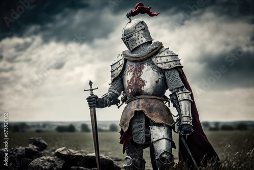 Fotografia Fearless Fighters of the Medieval Knight of Europe on the Battlefield Generativ