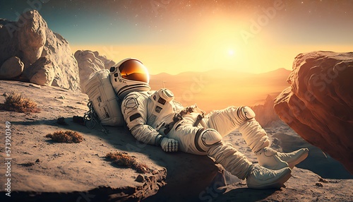 Astronaut lying with head resting on rock watching sunrise with Generative AI Technology.