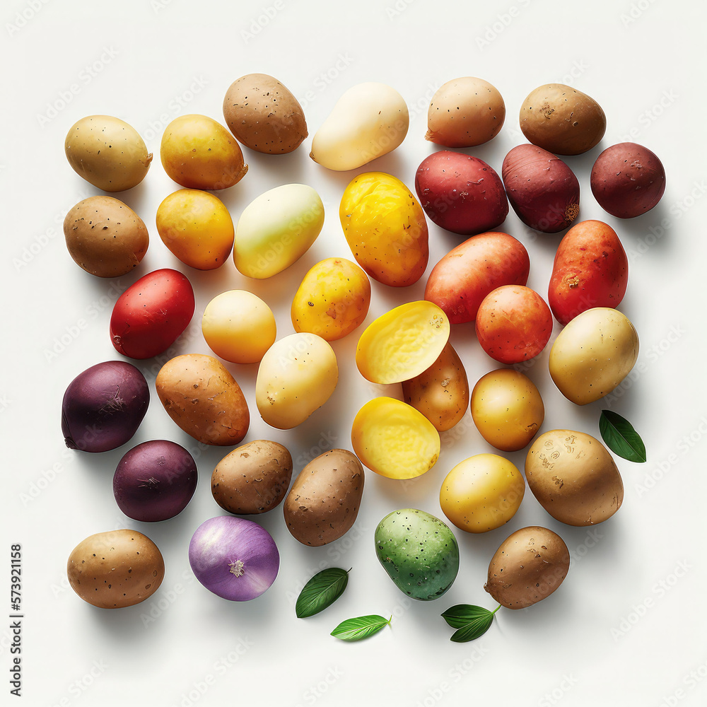 assorted several varieties of potatoes isolated on white background.generative AI. assorted several varieties of potatoes isolated on white background.generative AI.