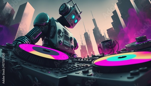 A robot DJ mixing music and urban city in the background with Generative AI Technology. photo