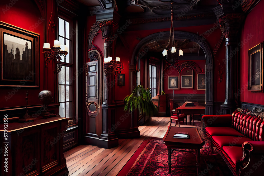 Elegant Gothic Exclusive Room with Red and Black Color Scheme and Beautiful Woodwork. Generative AI Elegant Gothic Exclusive Room with Red and Black Color Scheme and Beautiful Woodwork. Generative AI