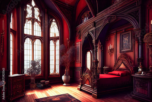 Elegant Gothic Exclusive Room with Red and Black Color Scheme and Beautiful Woodwork. Generative AI