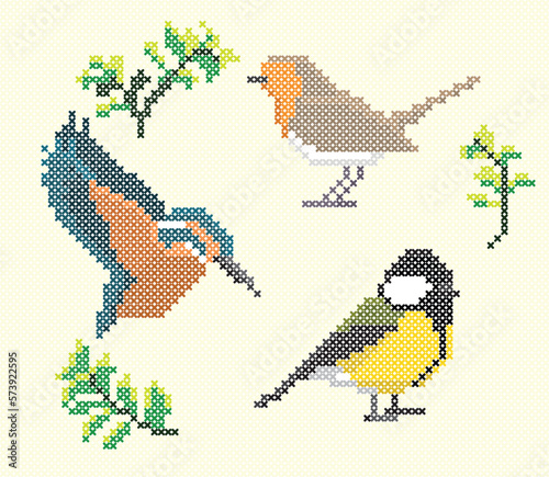 Cross Stitch Vector Element Bird Robin Tit Kingfisher Embroidery
