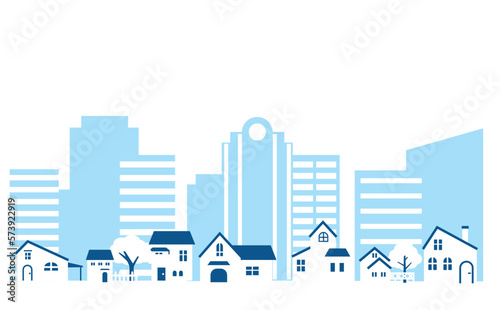 ビル群と住宅街のイラスト　寒色