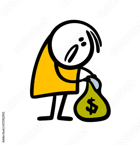 Stick figure disgruntled man looks into an empty bag of money.