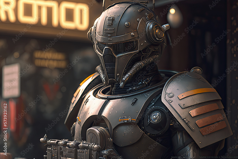 Fototapeta premium A futuristic robot, cyborg, android, and droid soldier warrior preparing for war, battle - navy, army, air force, SWAT. Science fiction, technology movies, film