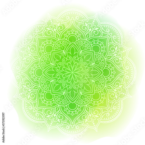 Round gradient mandala on watercolor trace background. Vector boho mandala in green colors. Mandala with floral patterns. Yoga template