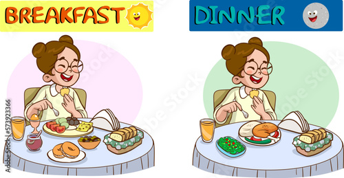 children having breakfast and dinner cartoon vector