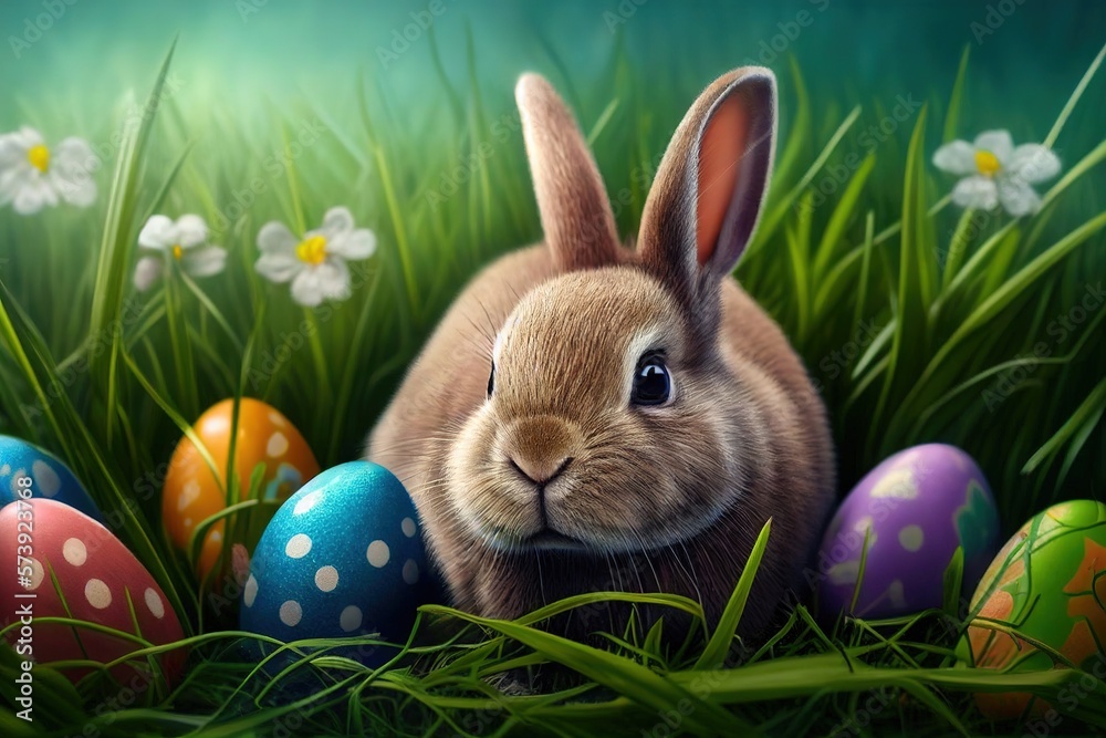 Fototapeta premium Easter bunny with colorful eggs on green grass.