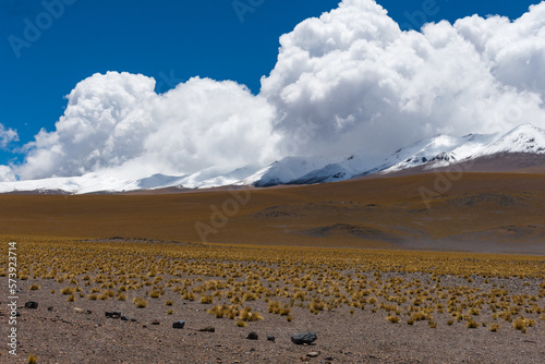 Montaña con vegetacion en la base y nubes en el fondo, Fiambala, Catamarca, Argentina photo