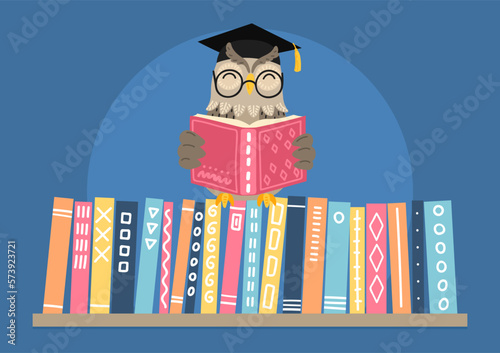 Owl in academic cap reading book on bookshelf. Children library, bookstore, education concept.