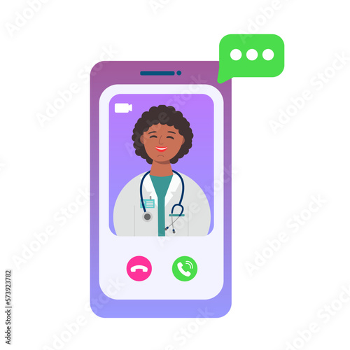 Doctor online on smartphone app. Telemedicine, online medical clinic, online healthcare and medical consultation concept. Young afro american man illustration. Cartoon minimal style.