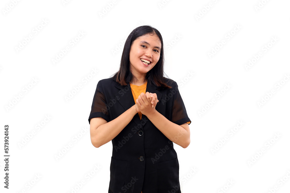 Welcoming or relieved expression of young asian business woman standing while looking on camera Welcoming or relieved expression of young asian business woman standing while looking on camera