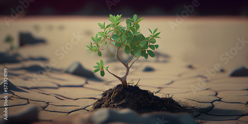 tree grow on drought crack land, climate change from green resourceful growth forest to dry soil surface, new hope in environment global warming concept, AI generated