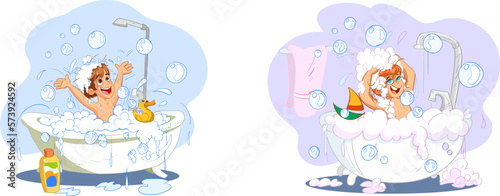 kids taking a bath cartoon vector