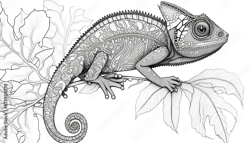 Obraz premium a cute coloring book for children that is still black and white, but waiting for colors and then it will become a wonderful colorful chameleon