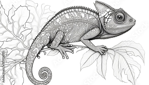 a cute coloring book for children that is still black and white, but waiting for colors and then it will become a wonderful colorful chameleon