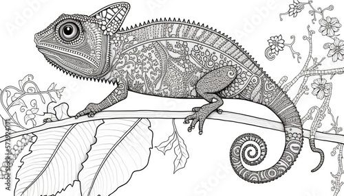 a cute coloring book for children that is still black and white, but waiting for colors and then it will become a wonderful colorful chameleon
