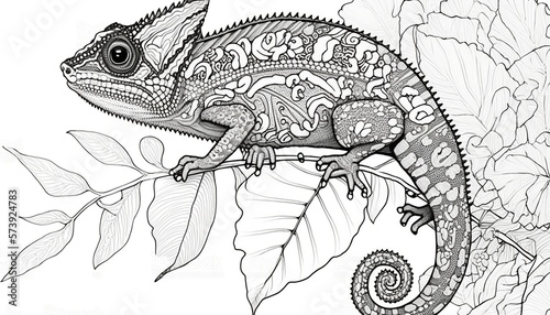 a cute coloring book for children that is still black and white, but waiting for colors and then it will become a wonderful colorful chameleon