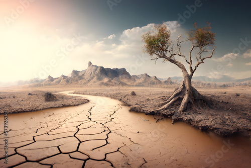 tree on drought crack land, climate change from green resourceful growth forest to dry soil surface, environment crisis global warming concept, AI generated
