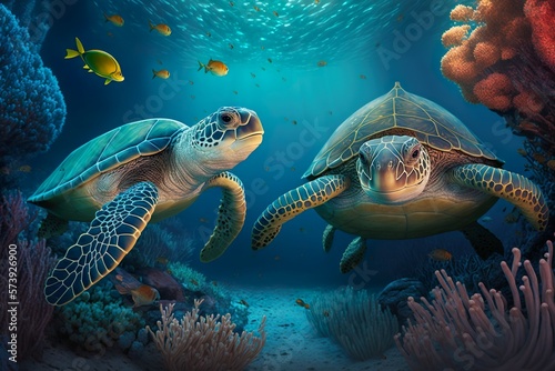 Beautifull Underwater world. Turtle. corals. Generative AI