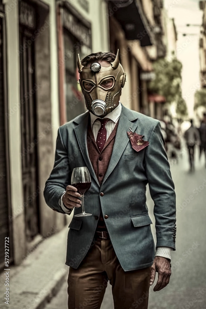 man in a gas mask standing in teampunk Fashion with a glass or bottle of wine, created with Generative AI technology