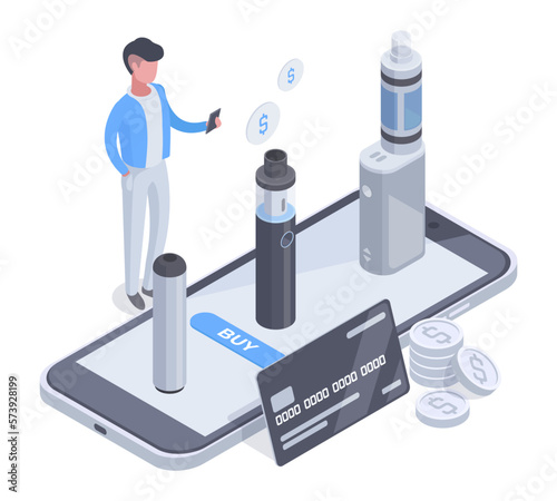 Online vape shop concept. Digital e-cigarette shop app on smartphone screen, vape smoke accessories online application 3d vector illustration. Vape shop goods